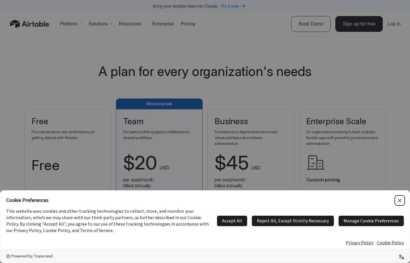 Airtable pricing page screenshot