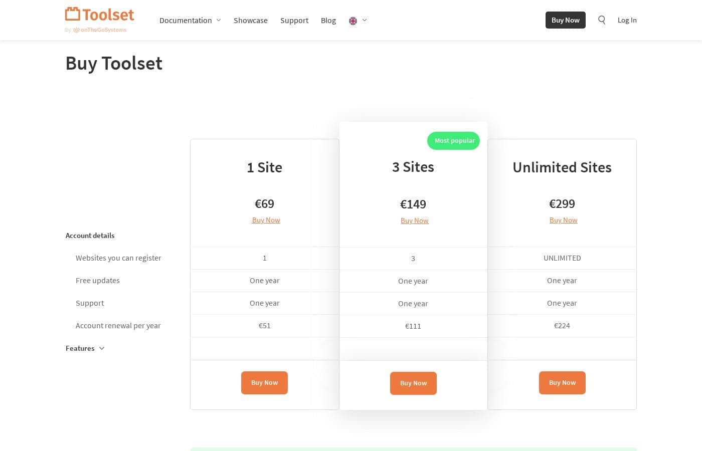 Toolset pricing page screenshot