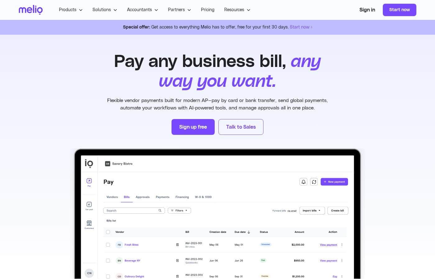 Melio homepage screenshot