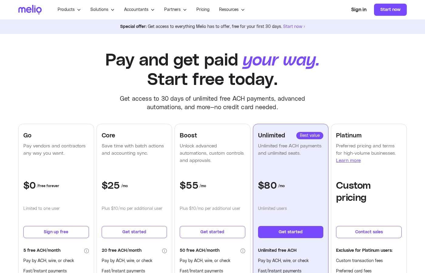 Melio pricing page screenshot