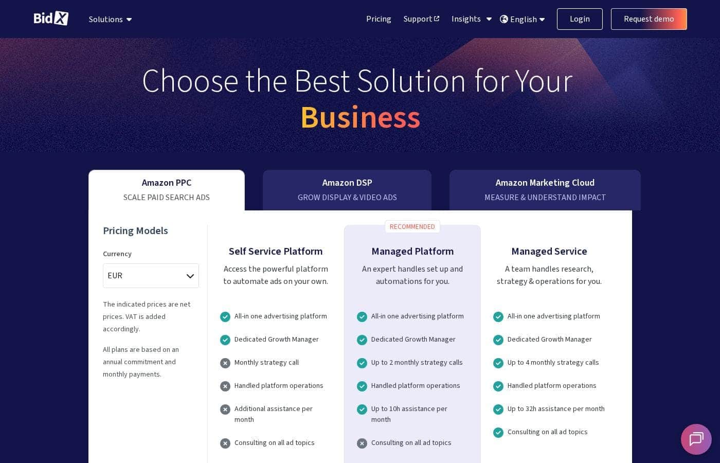 BidX pricing page screenshot