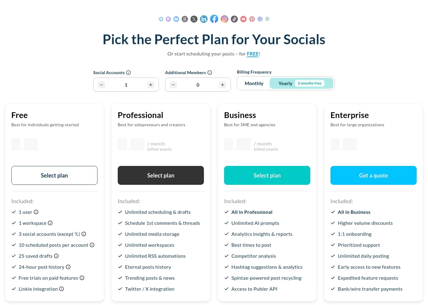 Publer pricing page screenshot