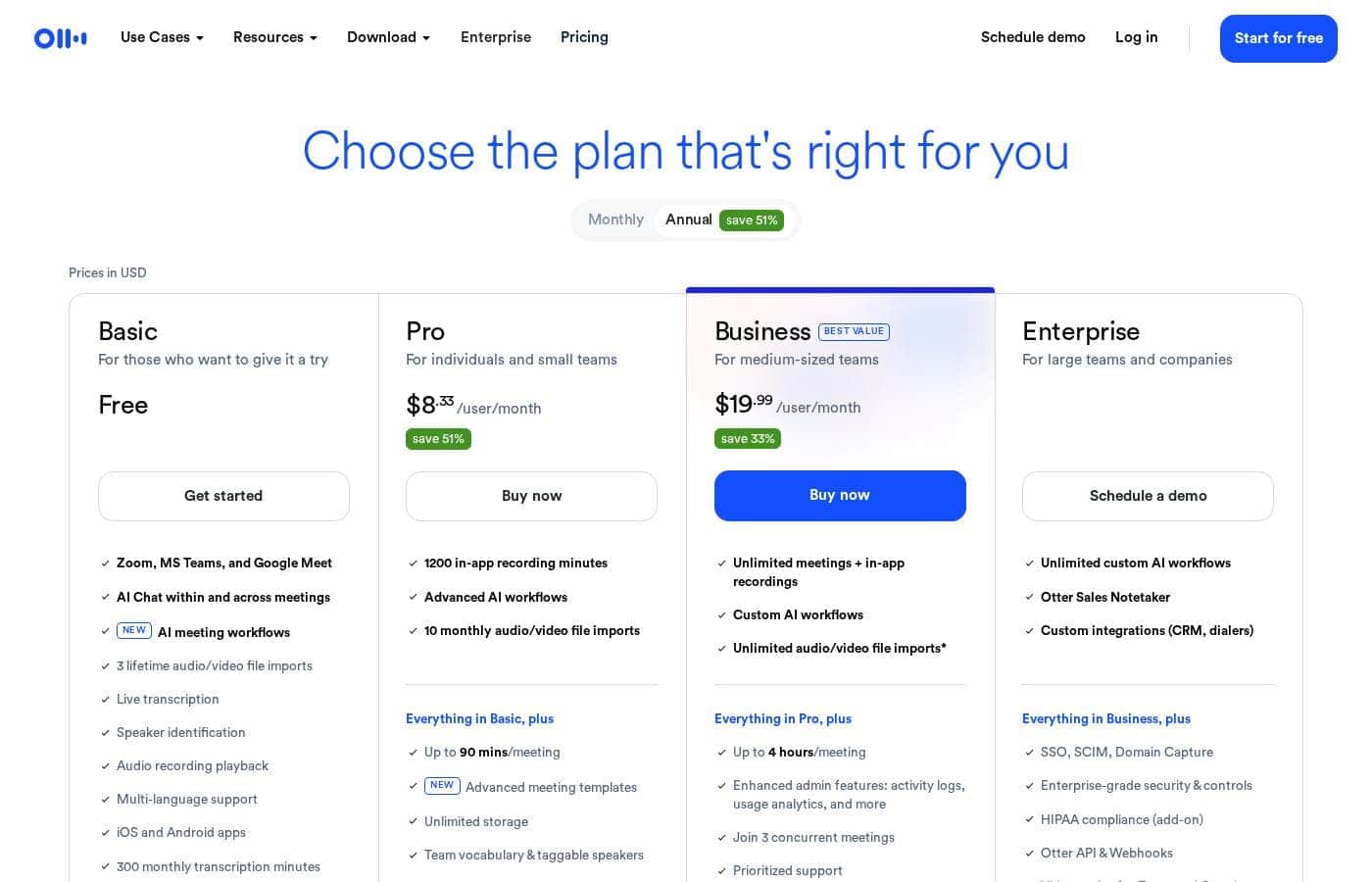 Otter.ai pricing page screenshot