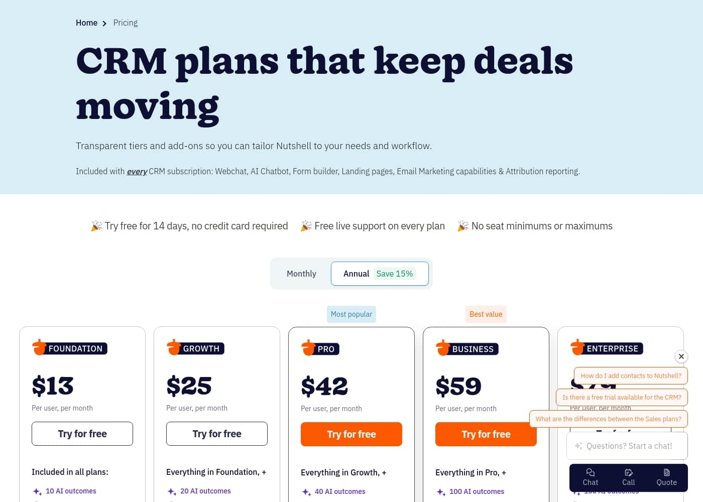 Nutshell pricing page screenshot