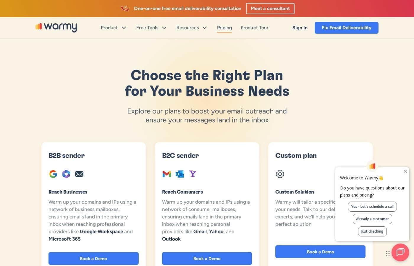 Warmy pricing page screenshot