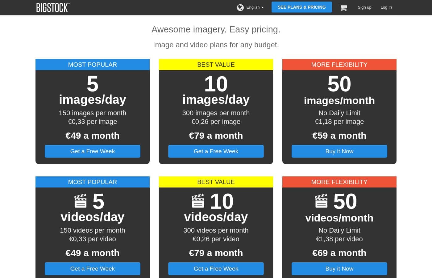 Bigstock pricing page screenshot
