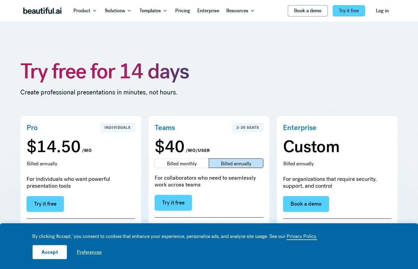 Beautiful.ai pricing page screenshot