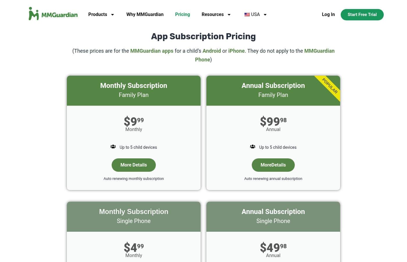 MMGuardian pricing page screenshot