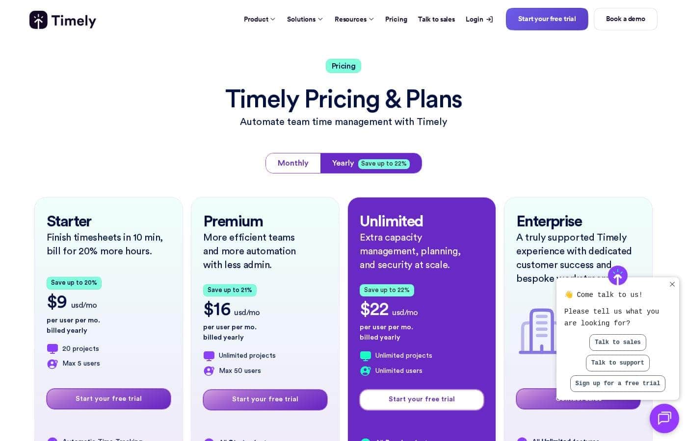 Captura de la página de precios de Timely