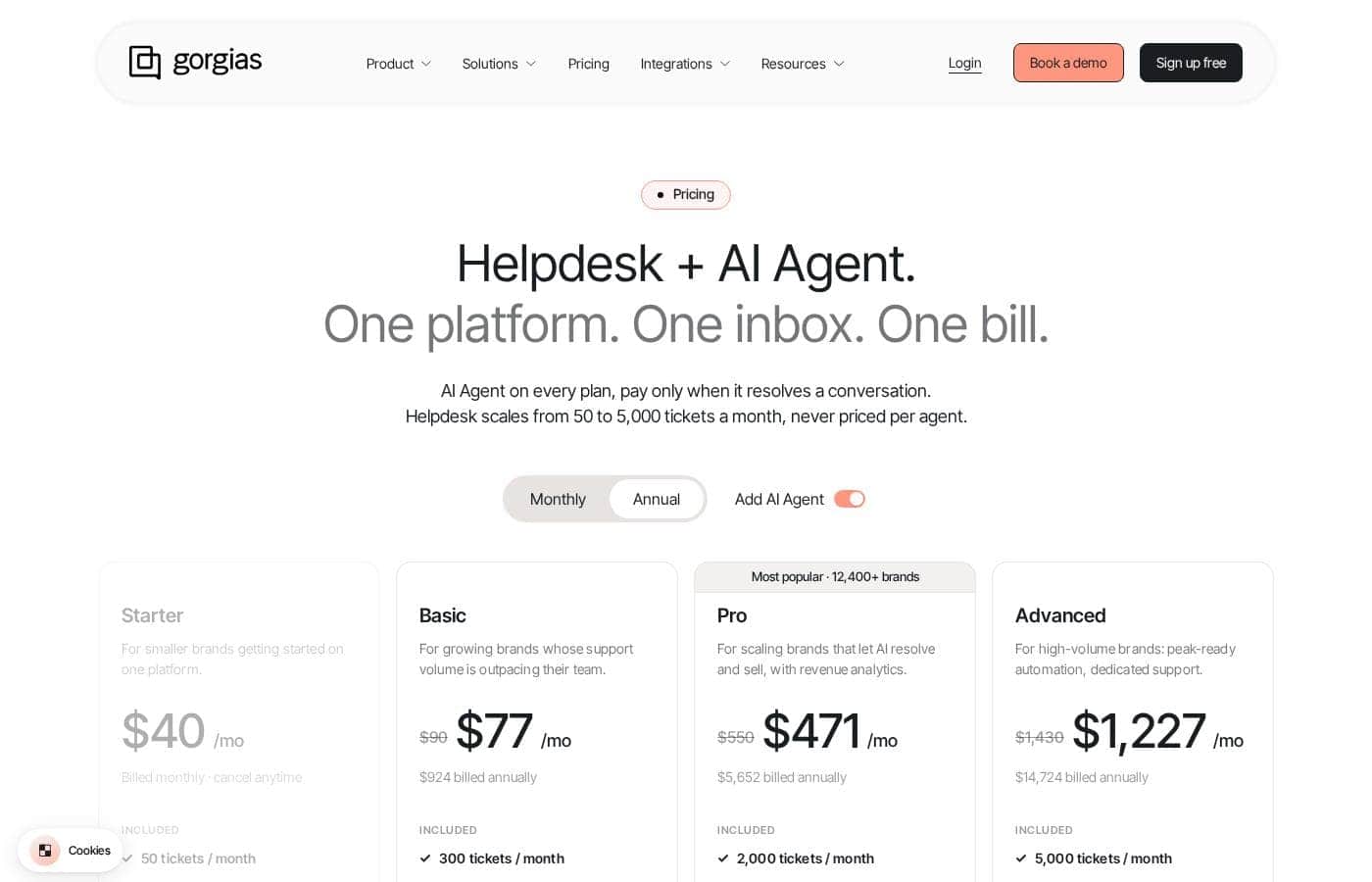 Gorgias pricing page screenshot