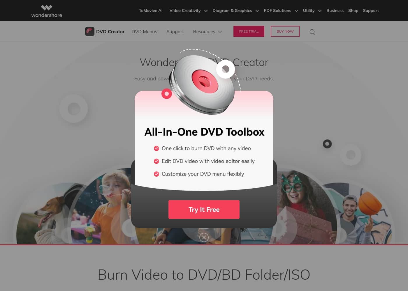 Screenshot della homepage di Wondershare DVD Creator
