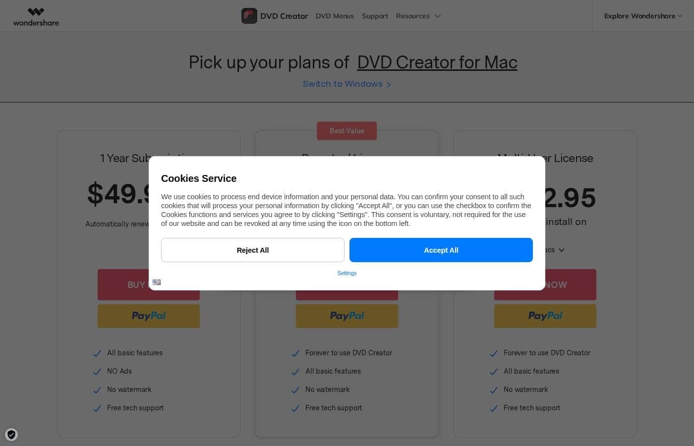 Wondershare DVD Creator pricing page screenshot