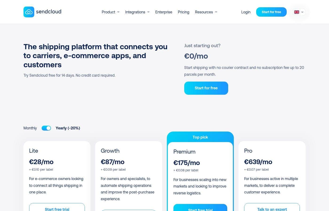Sendcloudの料金ページのスクリーンショット
