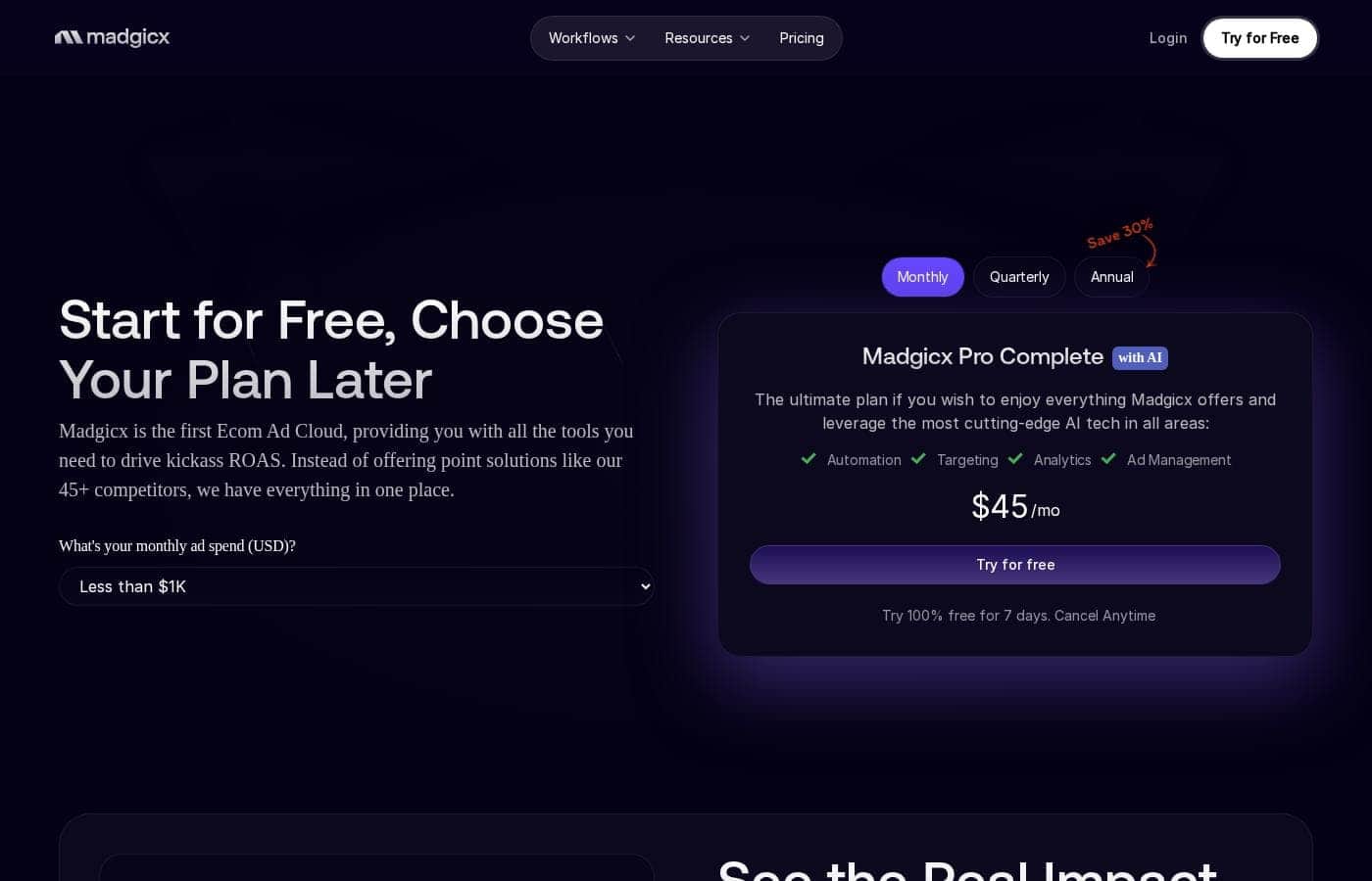 Madgicx pricing page screenshot
