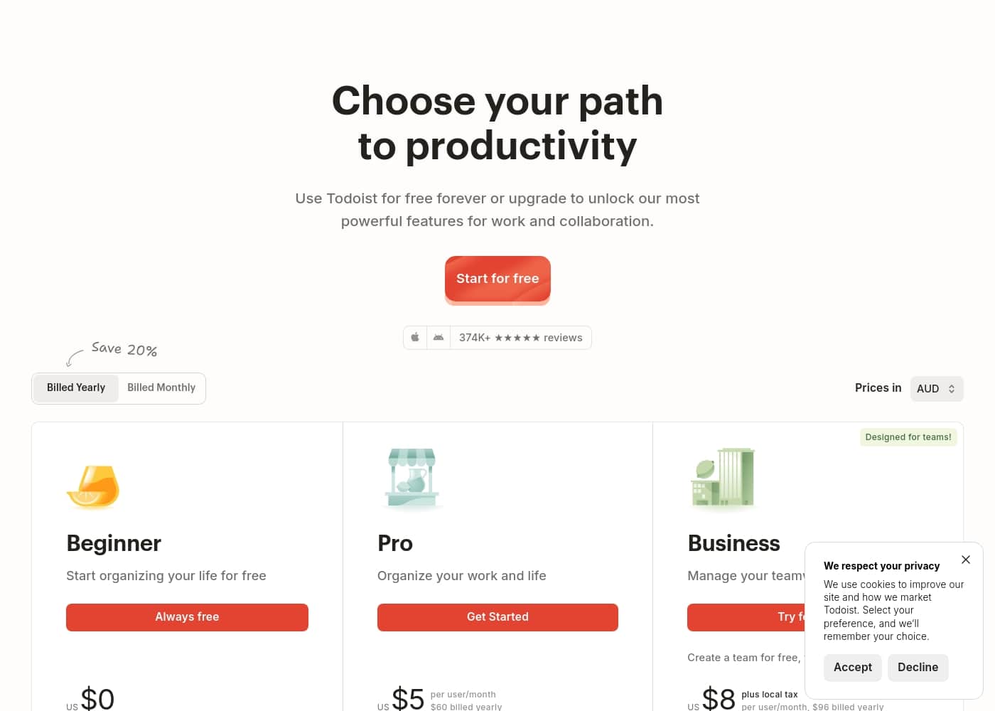 Todoist pricing page screenshot