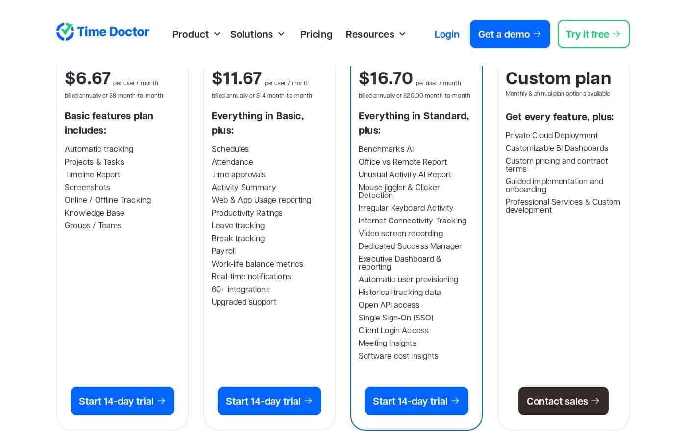 Timedoctor pricing page screenshot