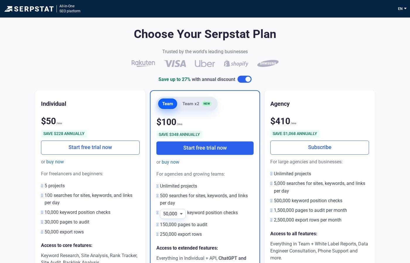 Serpstat pricing page screenshot