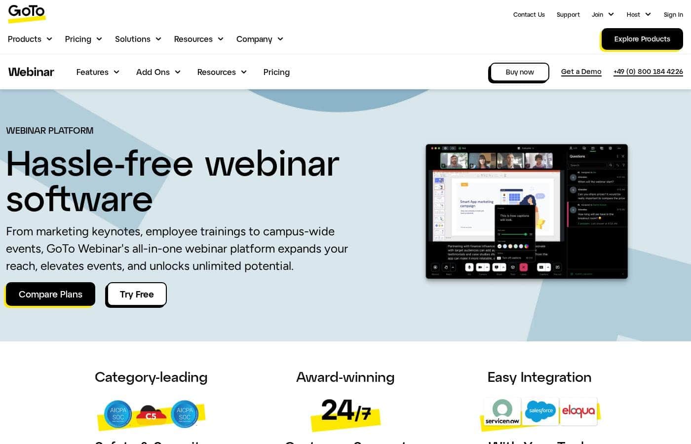 Capture d'écran de la page d'accueil GoTo Webinar