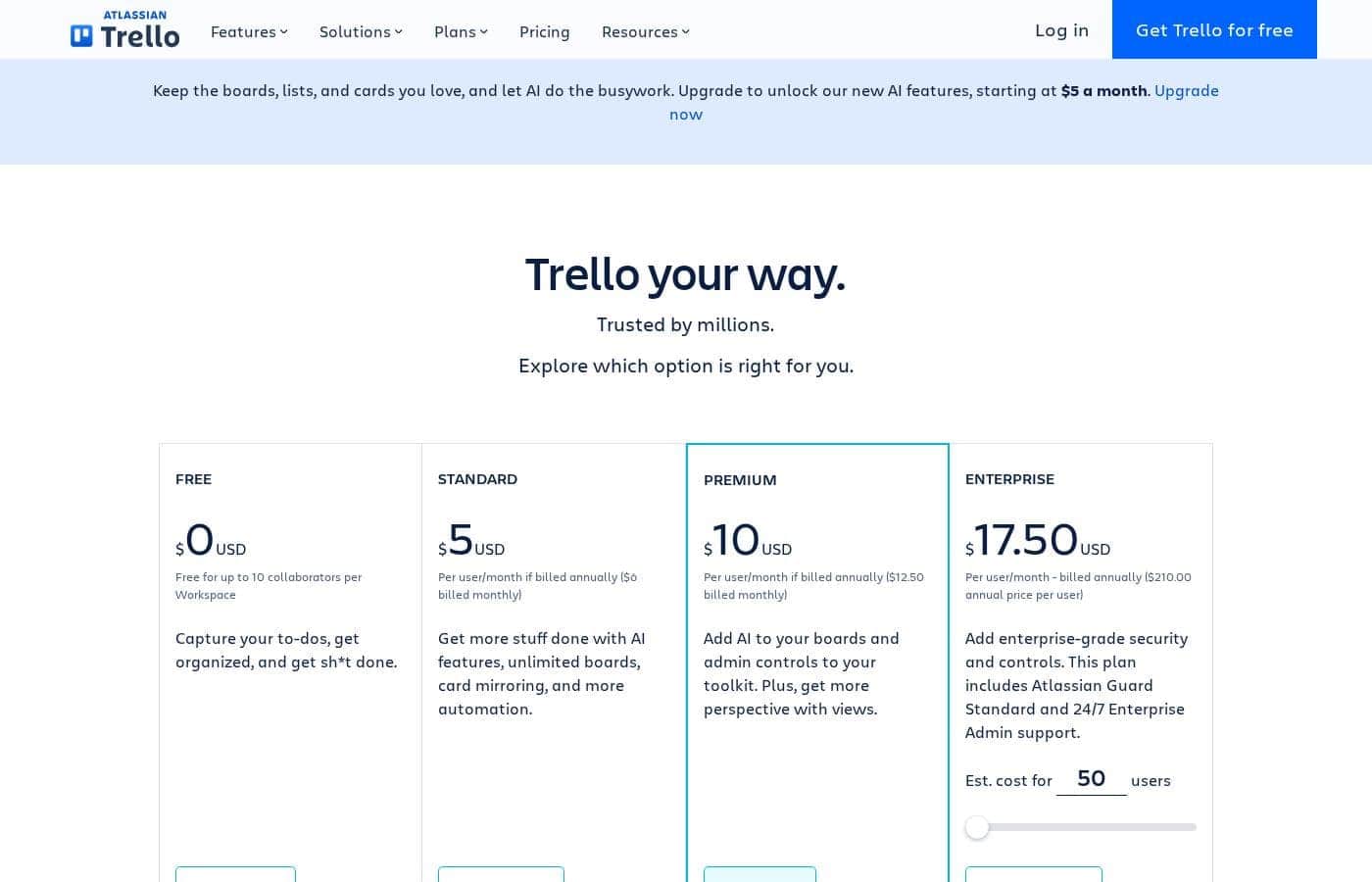 Captura de la página de precios de Trello