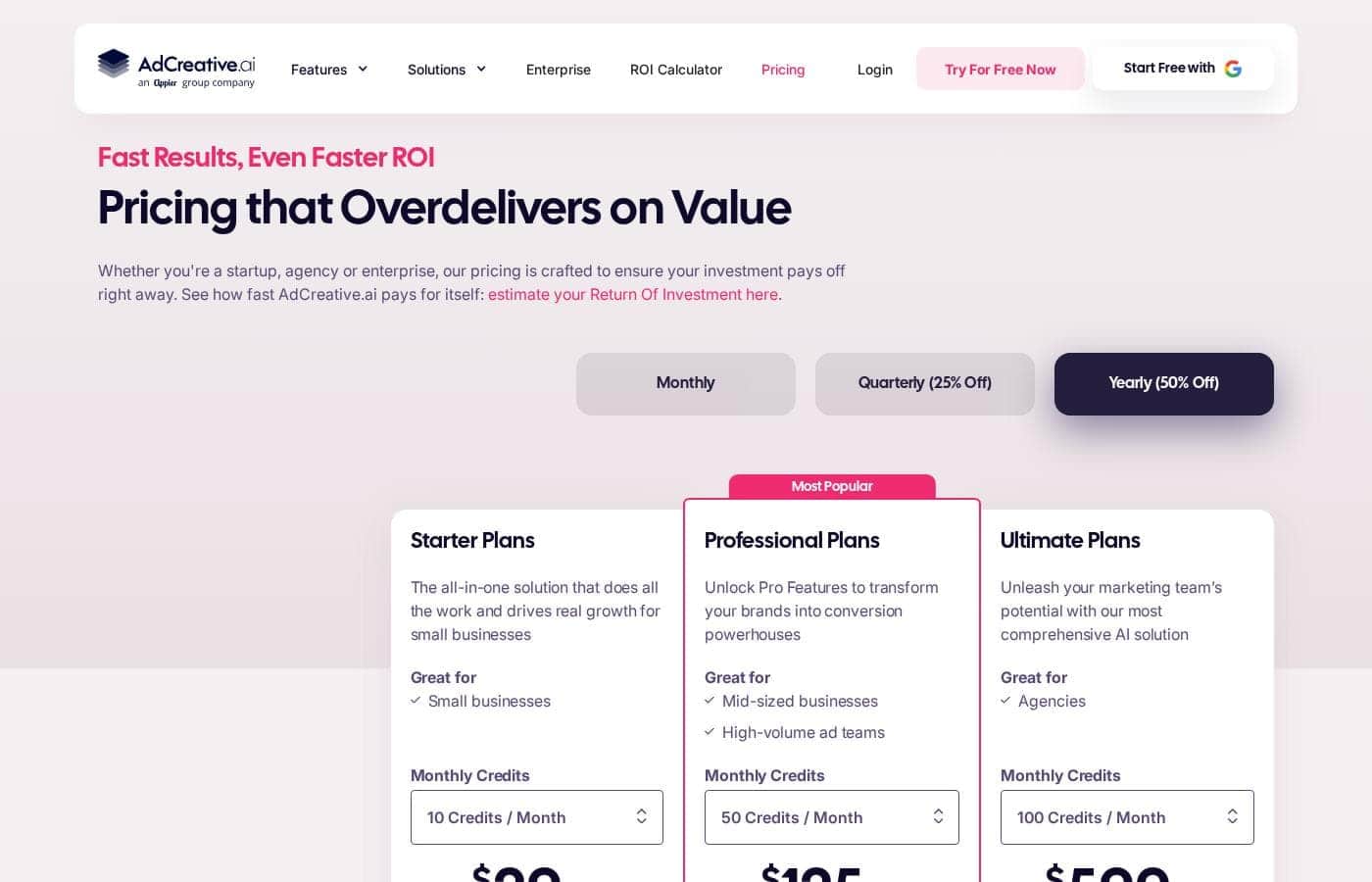 AdCreative pricing page screenshot