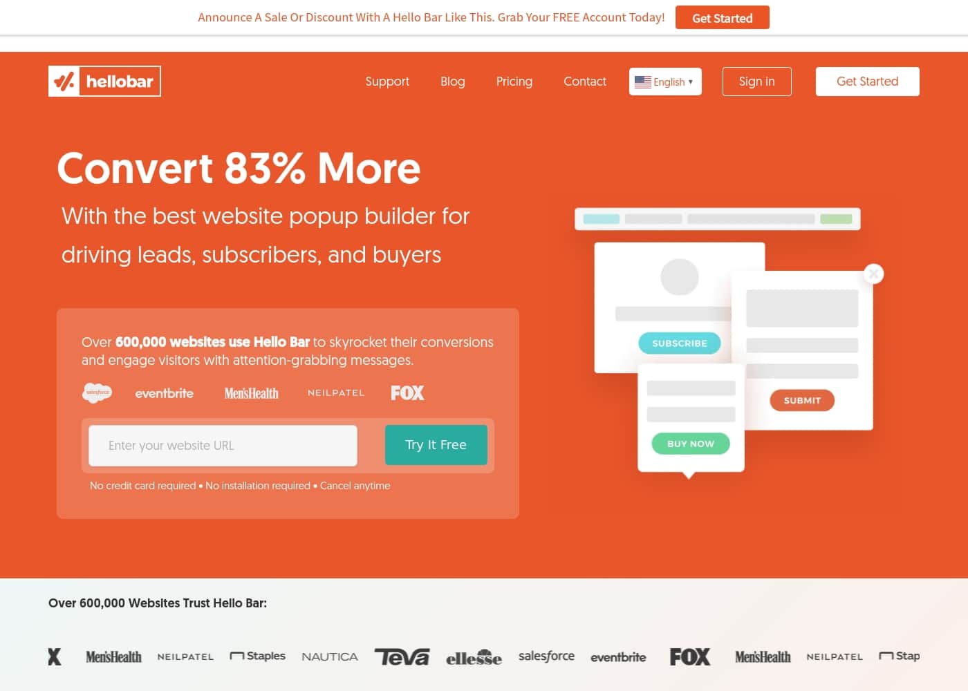 Hello Bar & Subscribers homepage screenshot