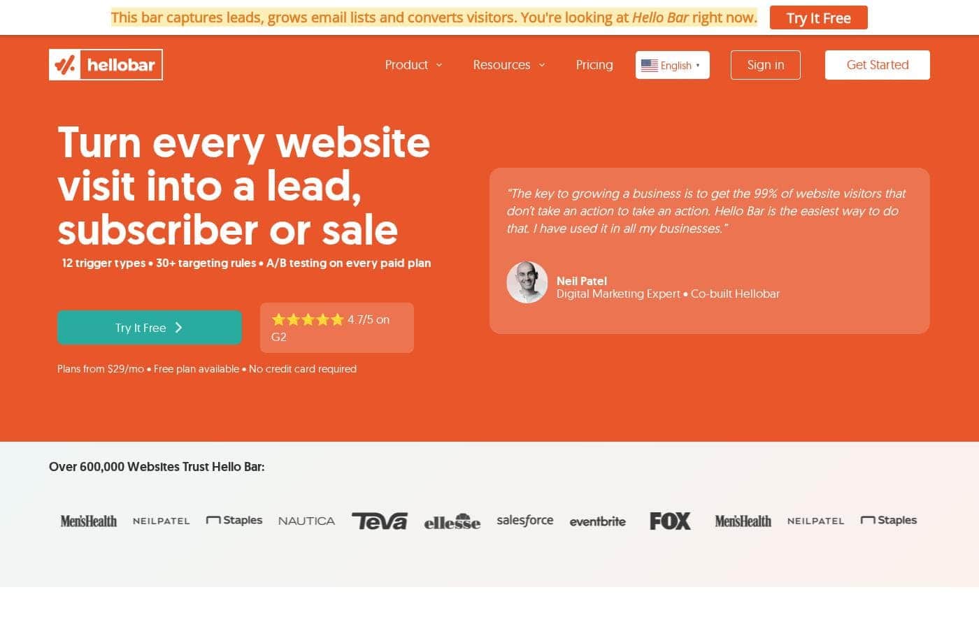 Hello Bar & Subscribers homepage screenshot