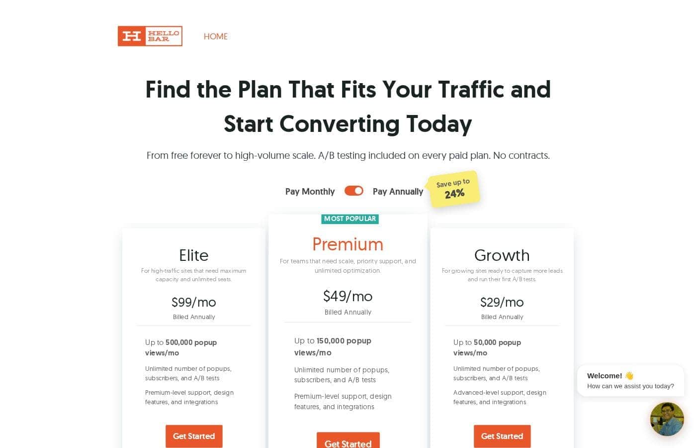 Hello Bar & Subscribers pricing page screenshot