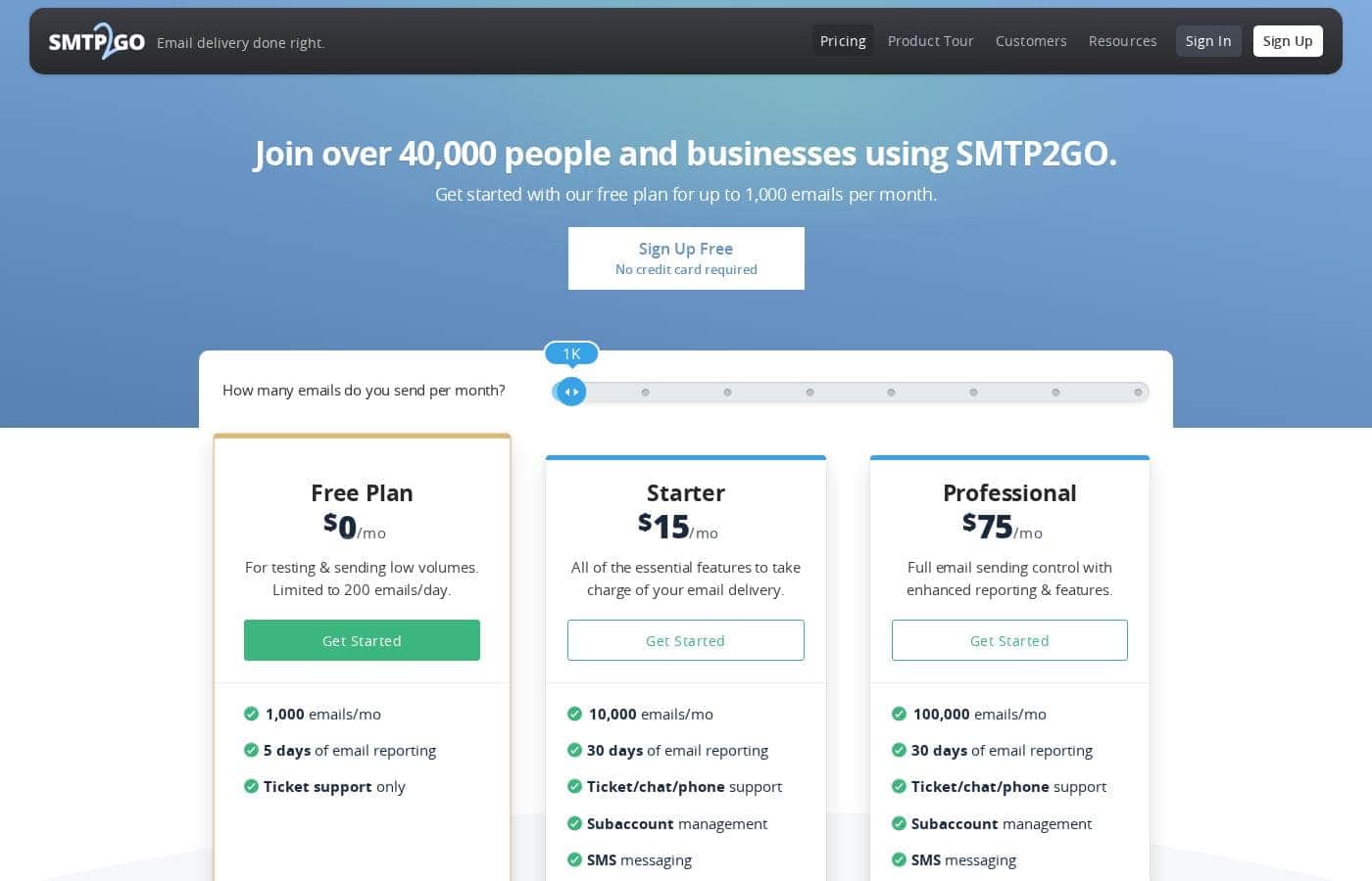 SMTP2Go pricing page screenshot