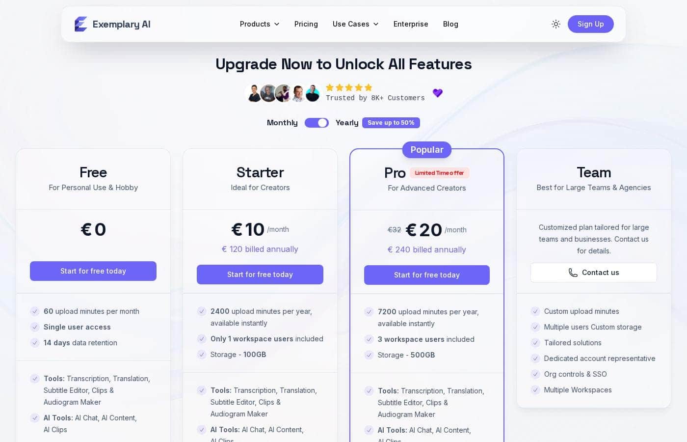 Exemplary AI pricing page screenshot