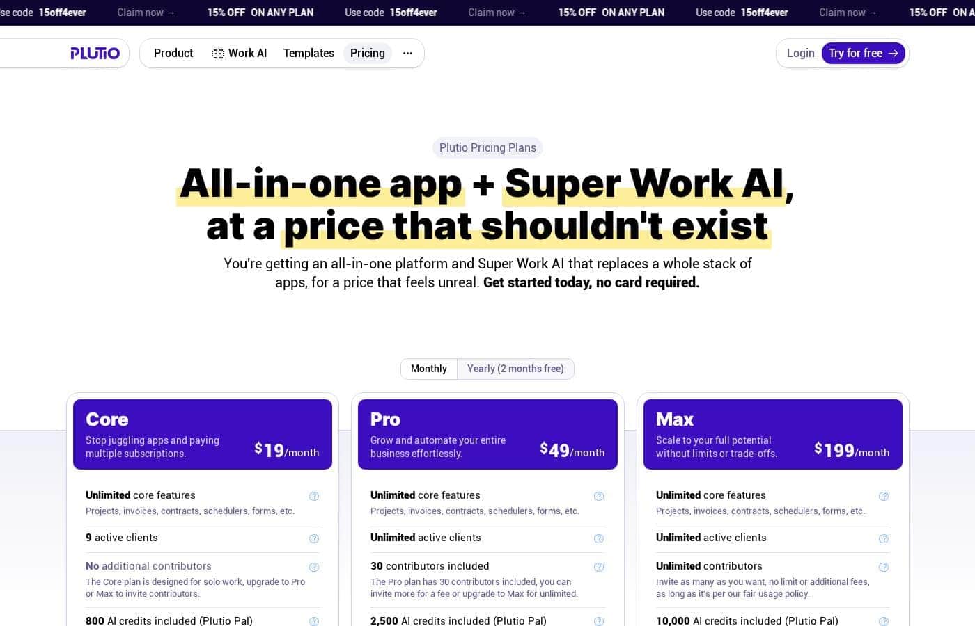 Plutio pricing page screenshot