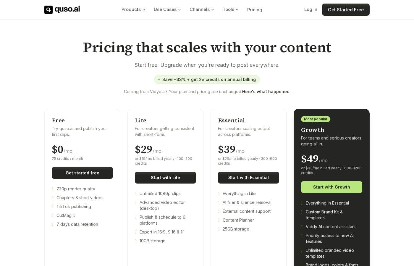 Vidyo.ai pricing page screenshot