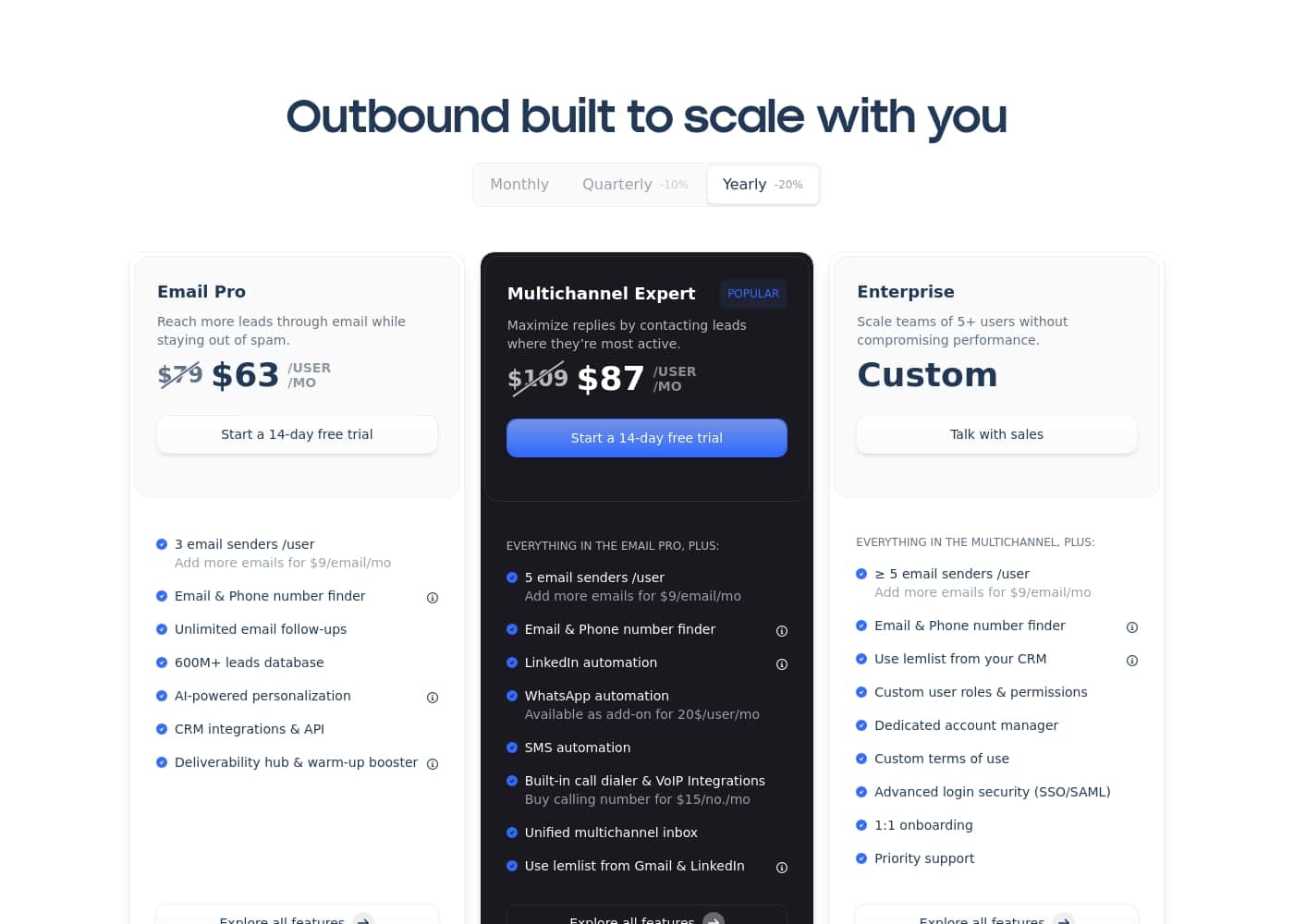 lemlist pricing page screenshot