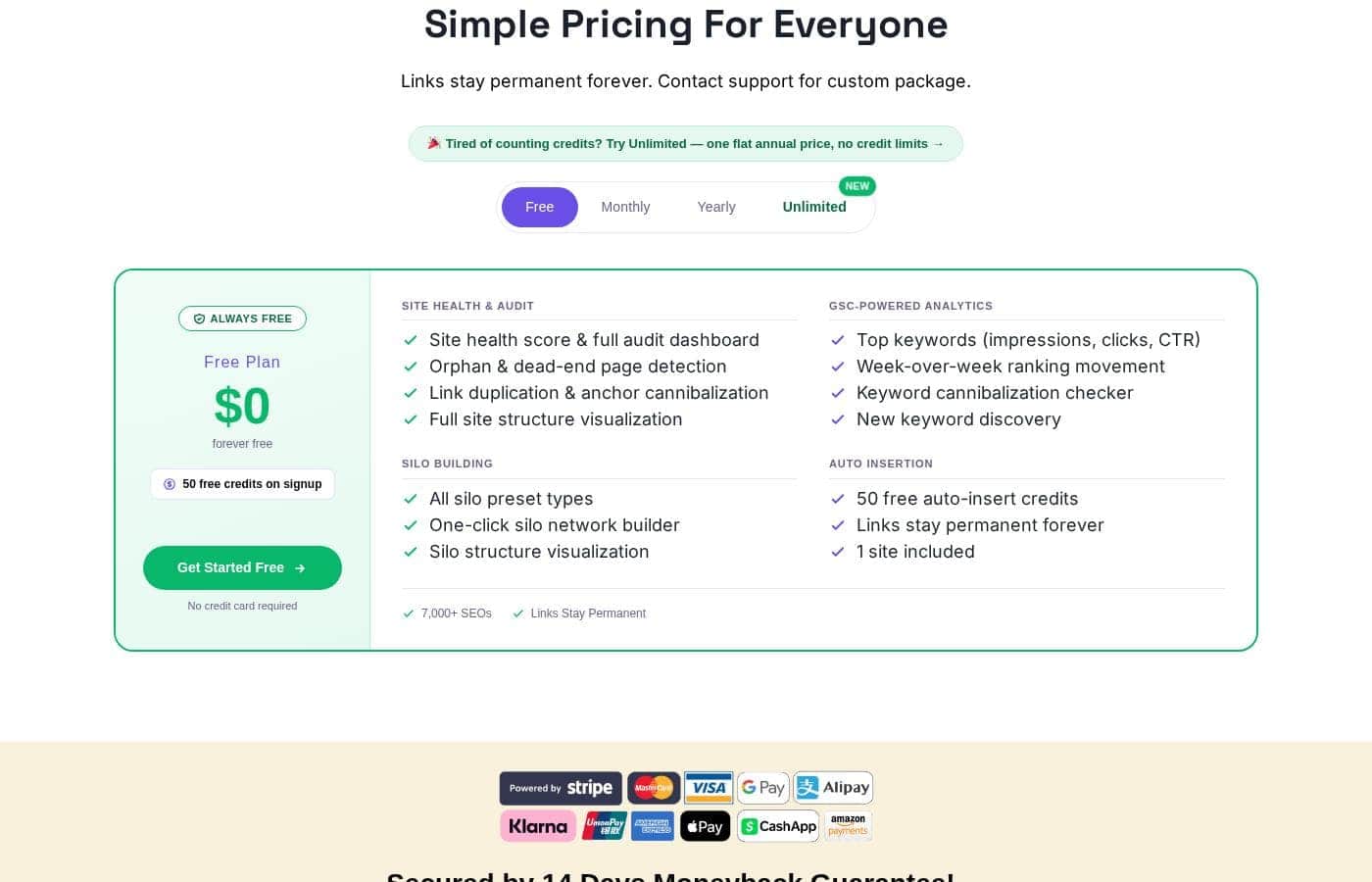 LinkBoss pricing page screenshot