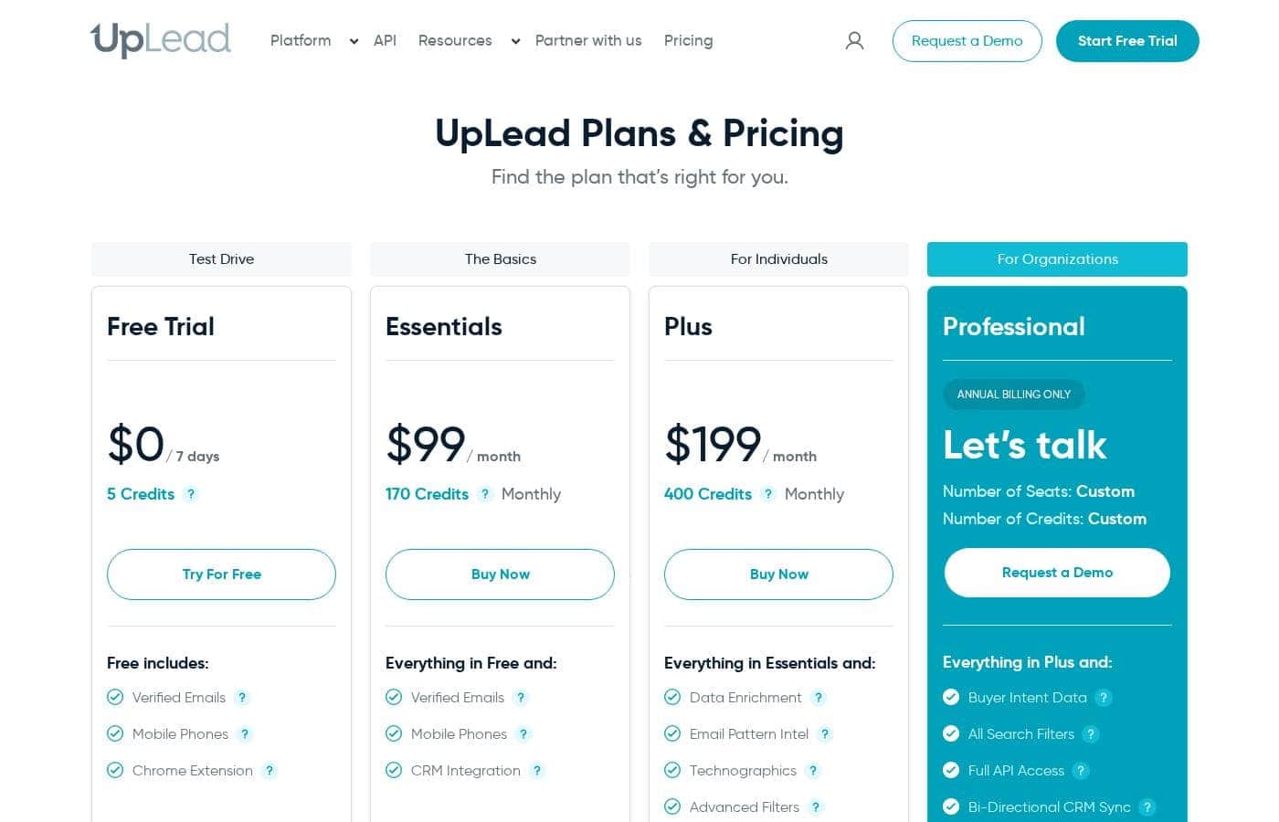 Uplead pricing page screenshot