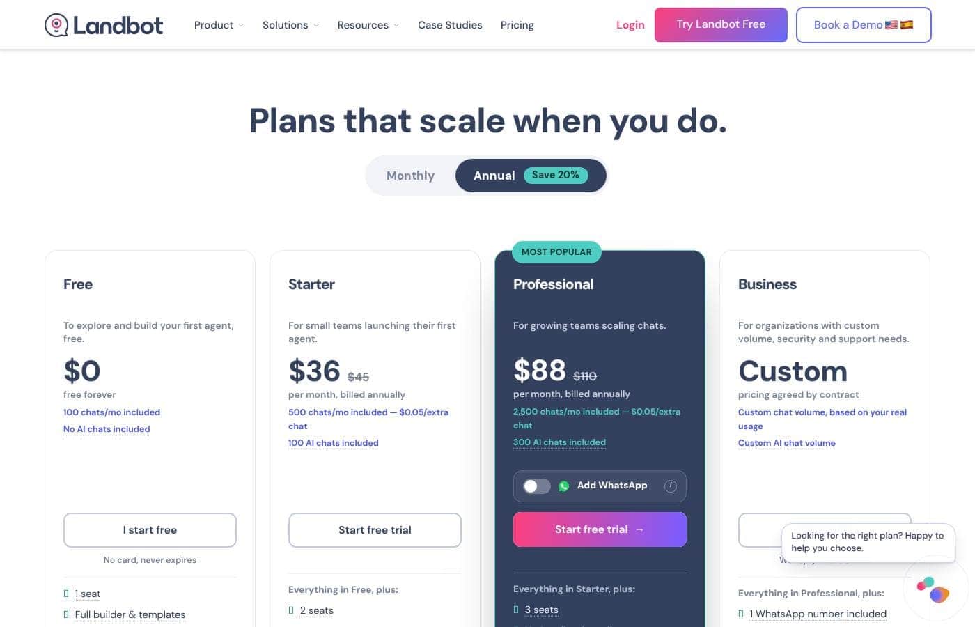 Landbot pricing page screenshot
