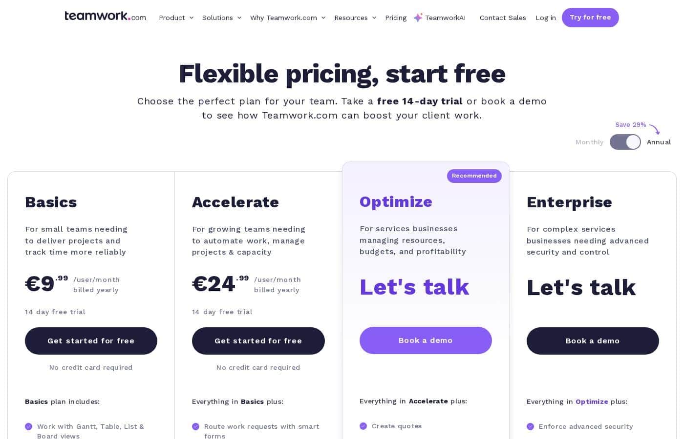 Teamwork pricing page screenshot