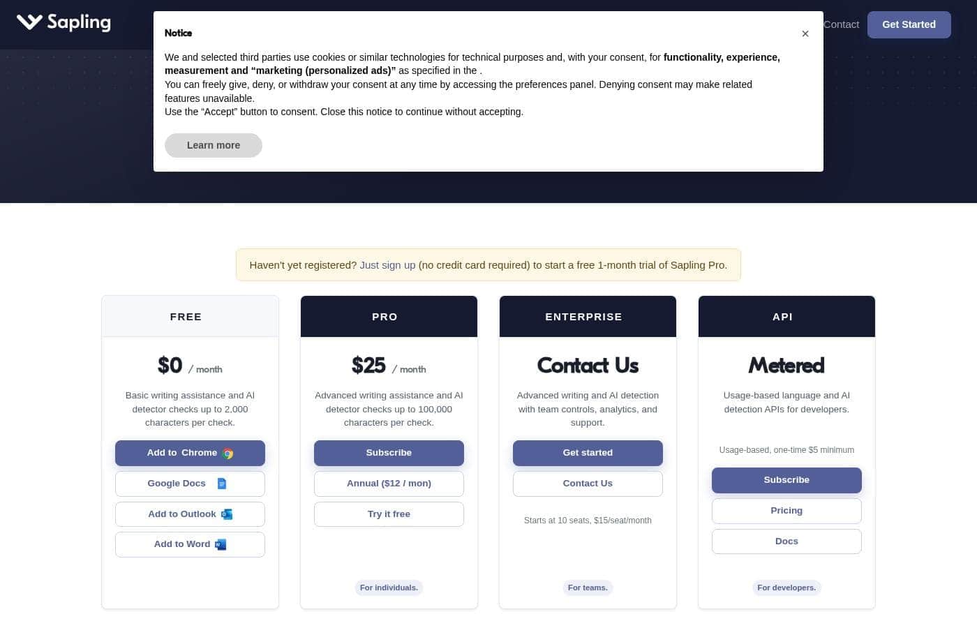 Sapling pricing page screenshot