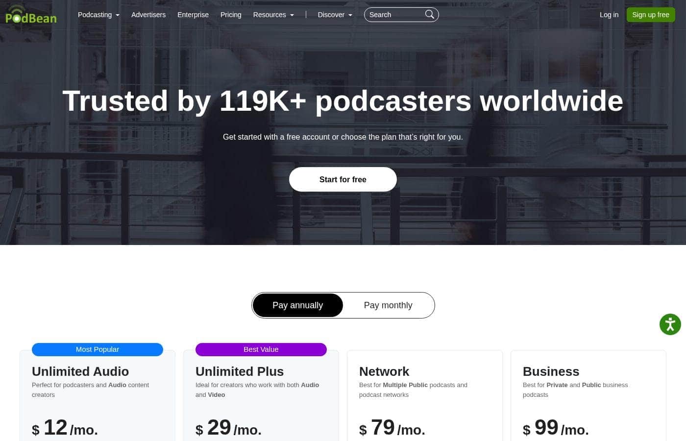 Screenshot der Preisseite von Podbean