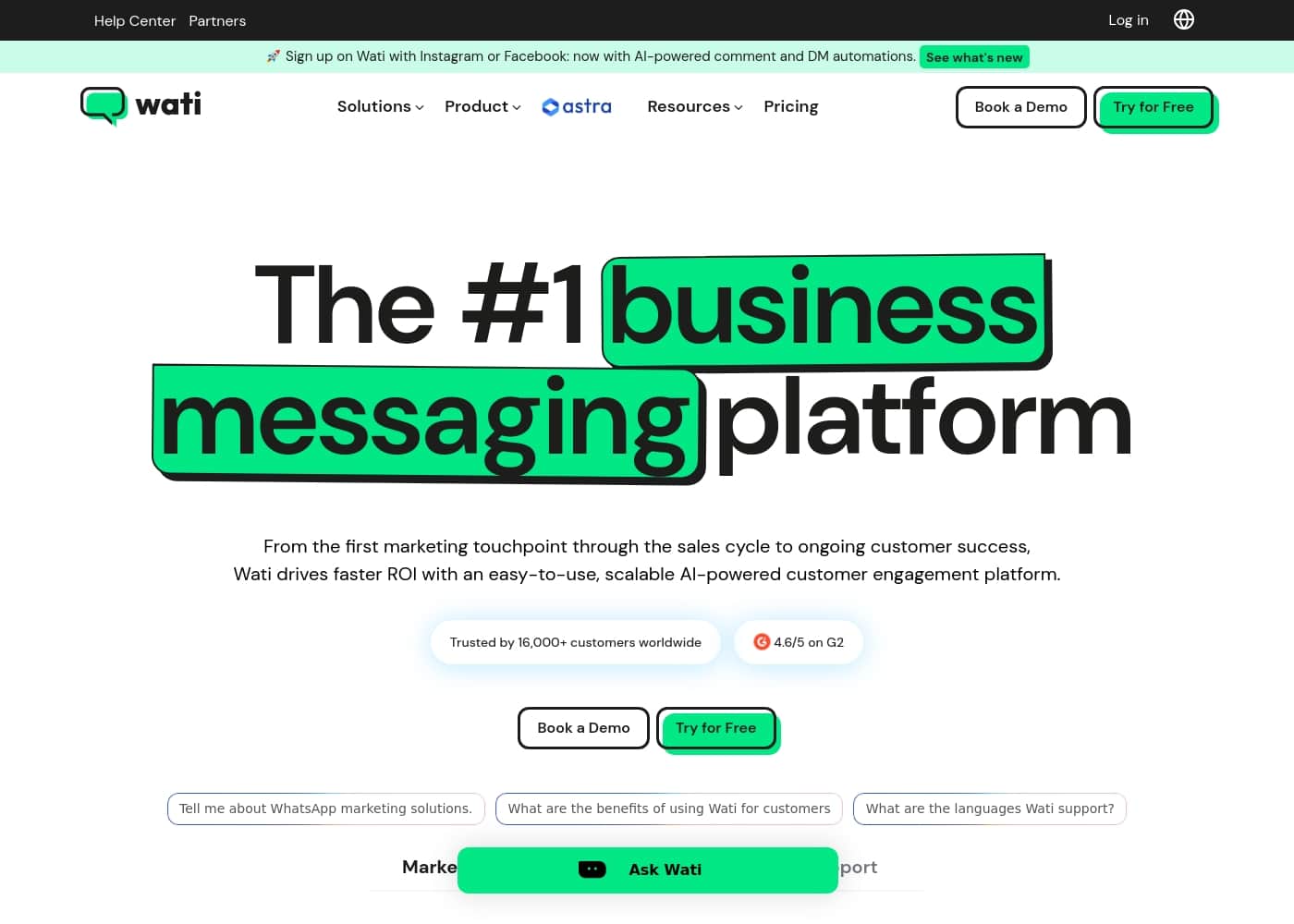Скриншот главной страницы Wati.io