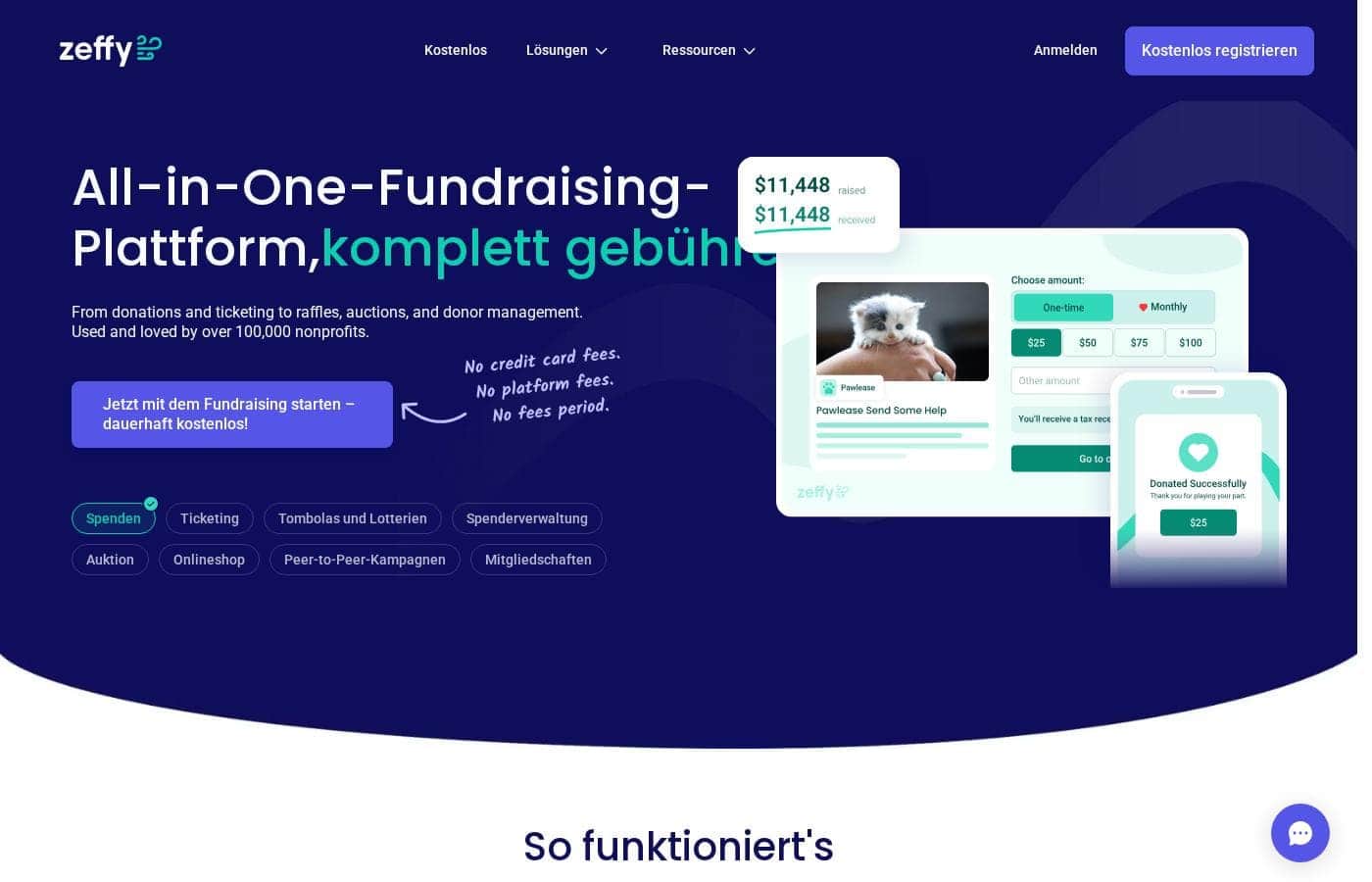 Screenshot della homepage di Zeffy