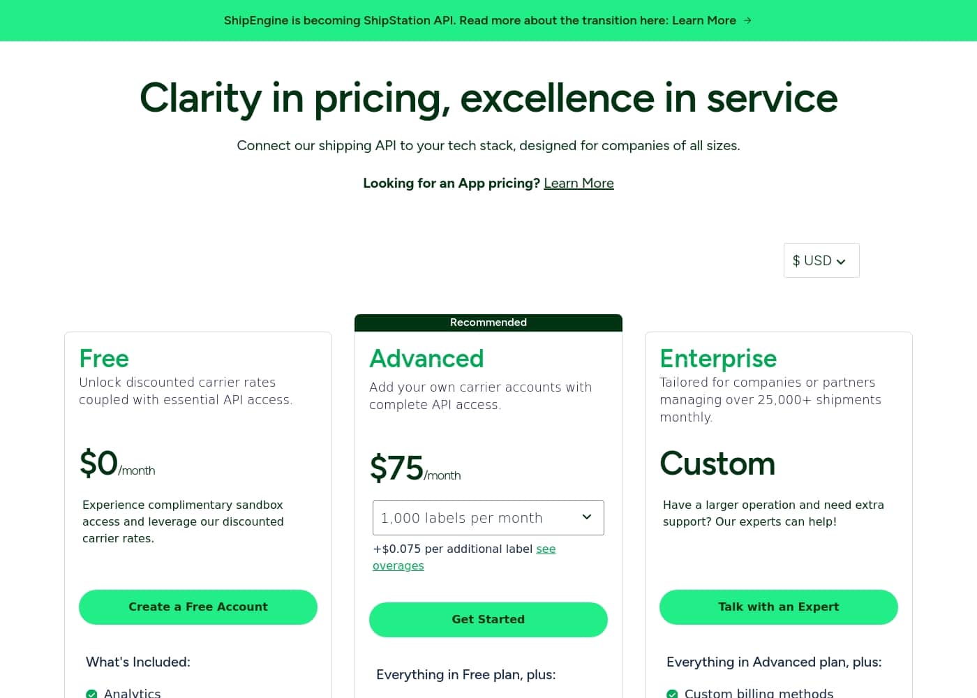 ShipEngine pricing page screenshot