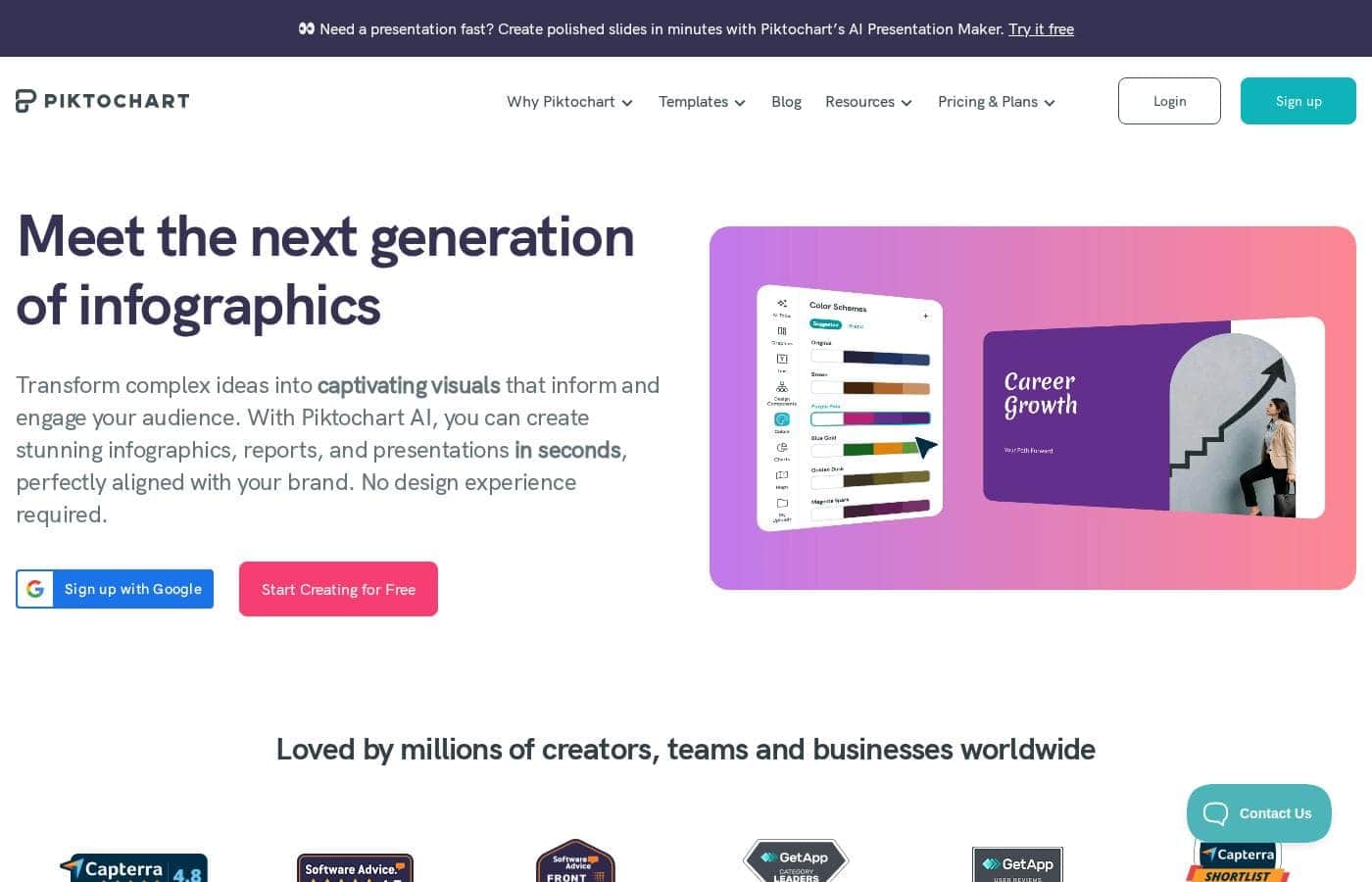 Screenshot della homepage di Piktochart