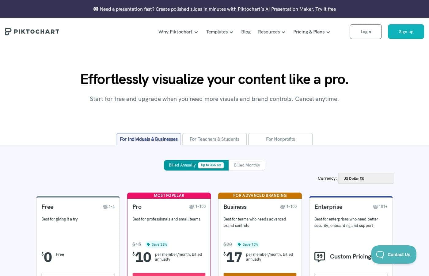 Screenshot della pagina prezzi di Piktochart