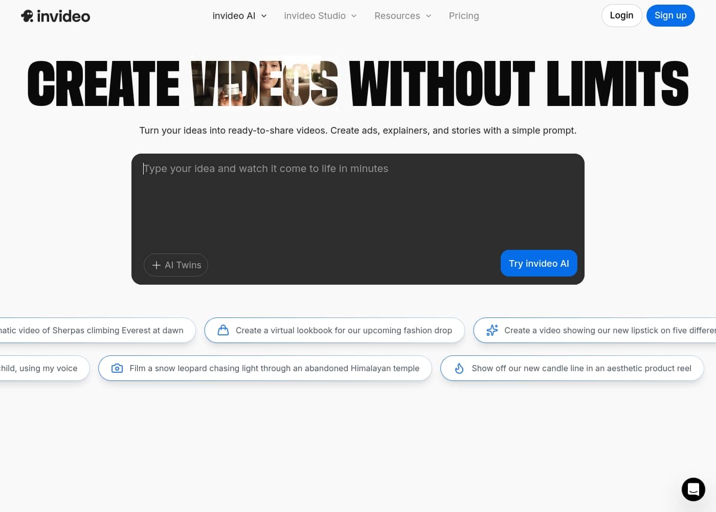 ภาพหน้าจอหลักของ Invideo