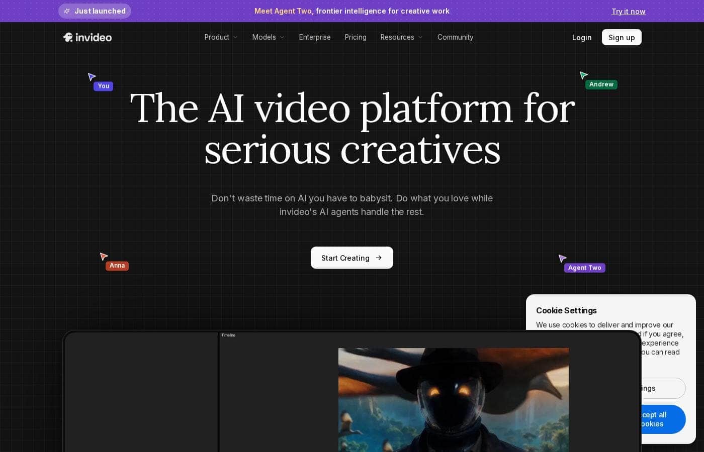 Screenshot della homepage di Invideo