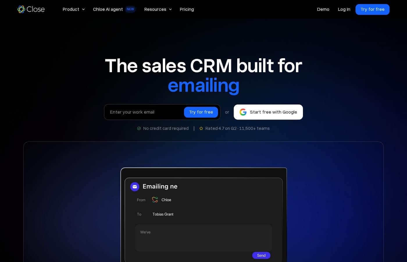 Close CRM homepage screenshot