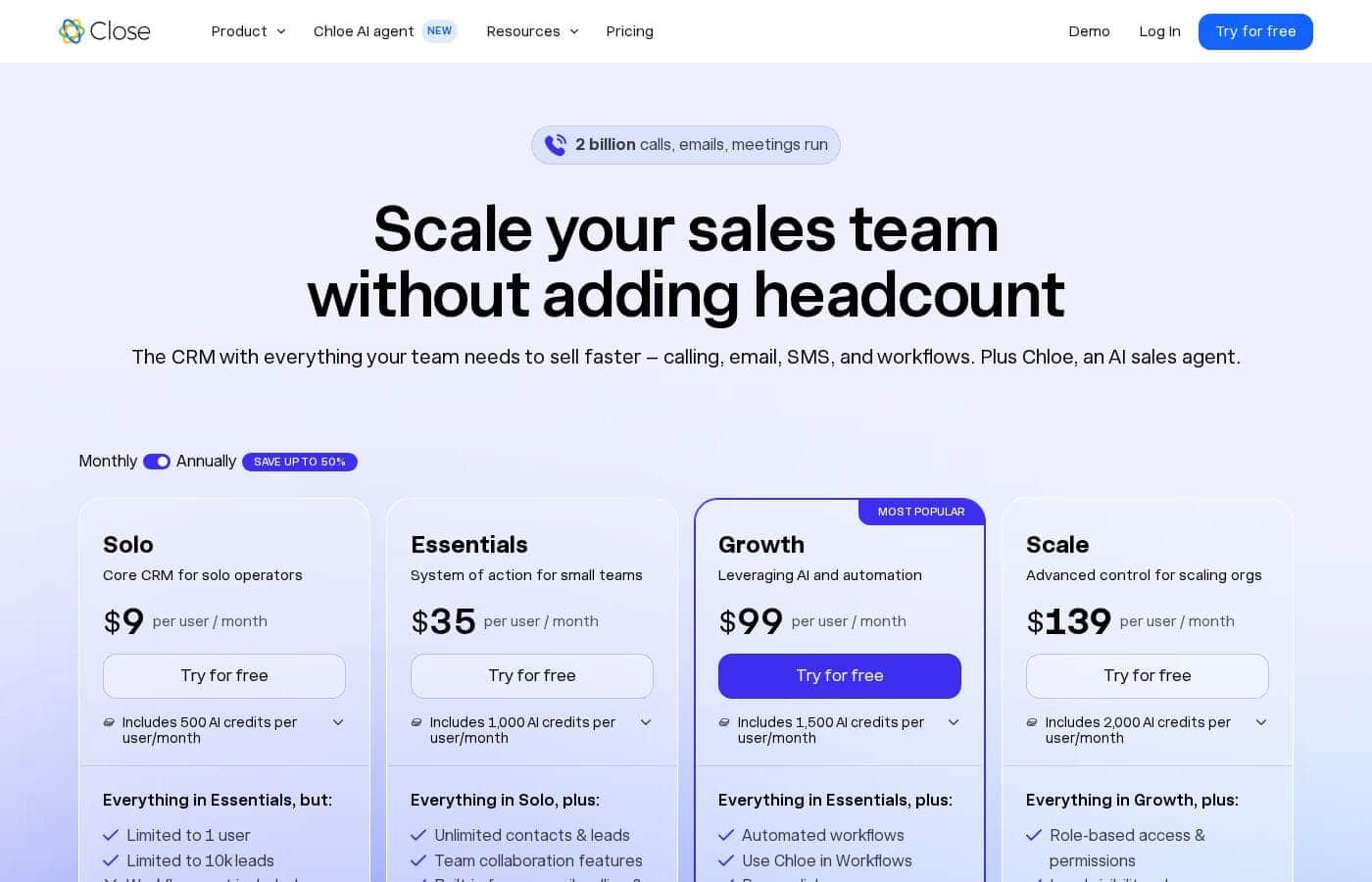 Close CRM pricing page screenshot