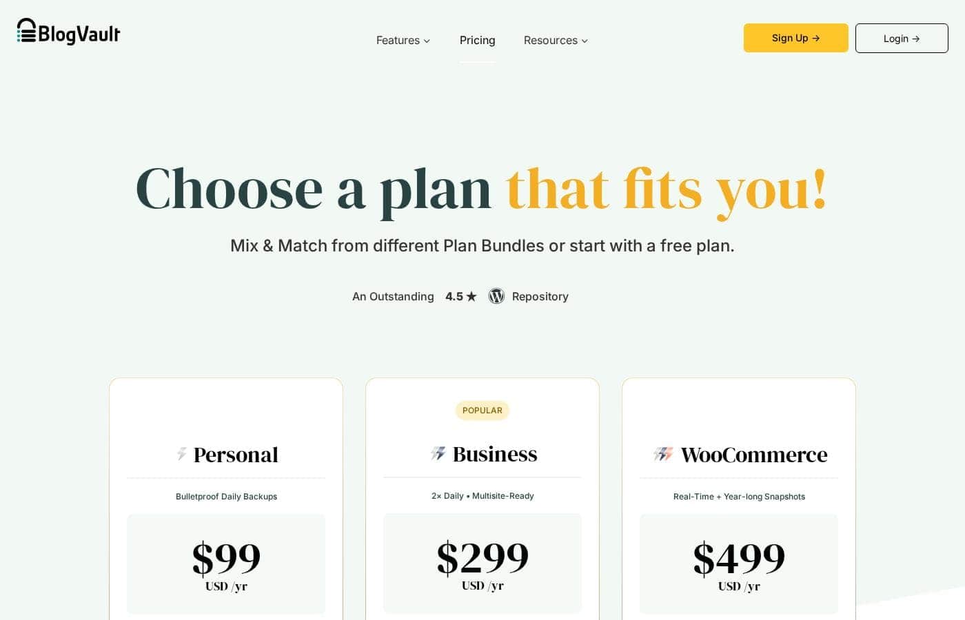 BlogVault pricing page screenshot