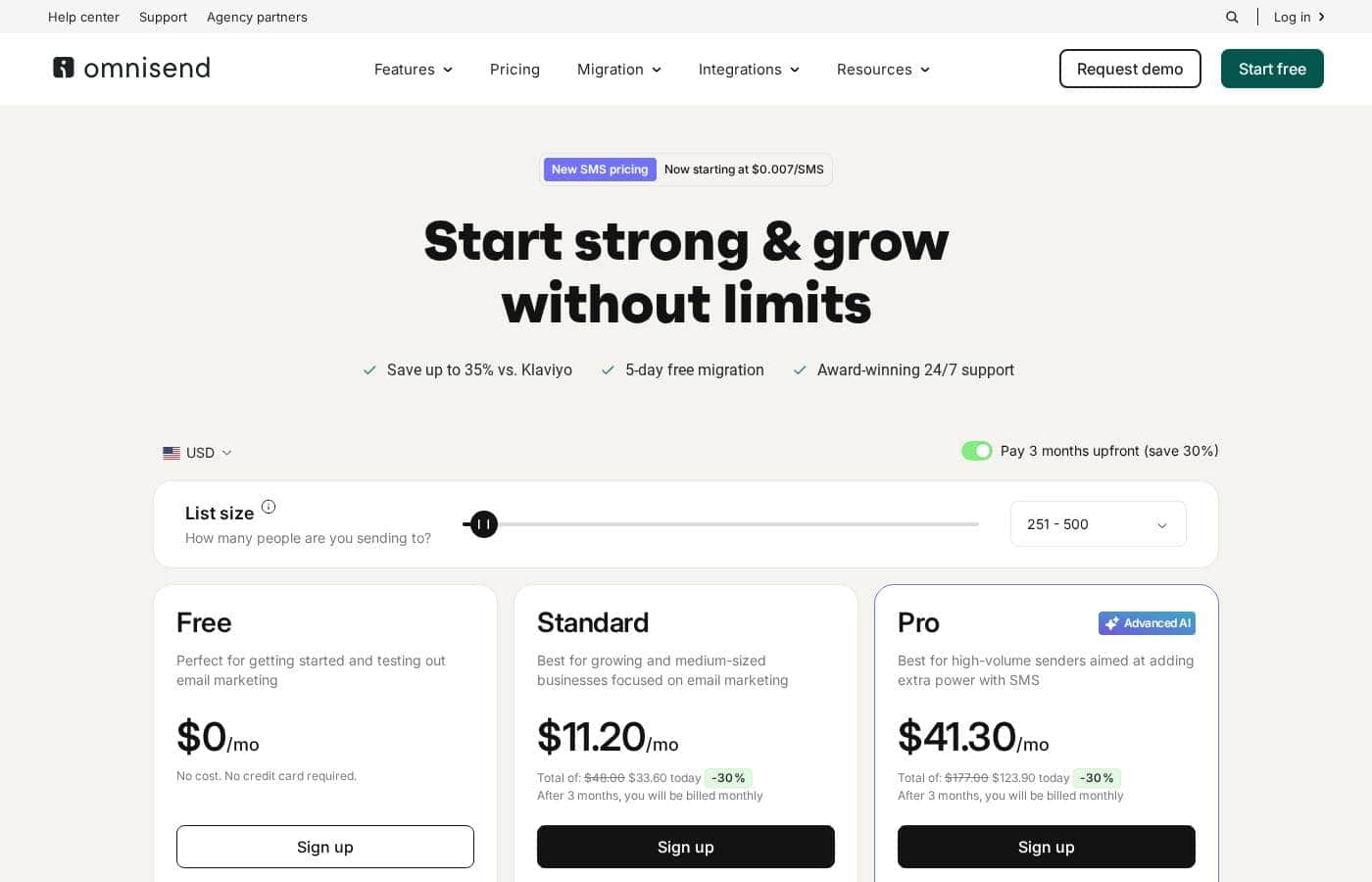 Omnisend pricing page screenshot