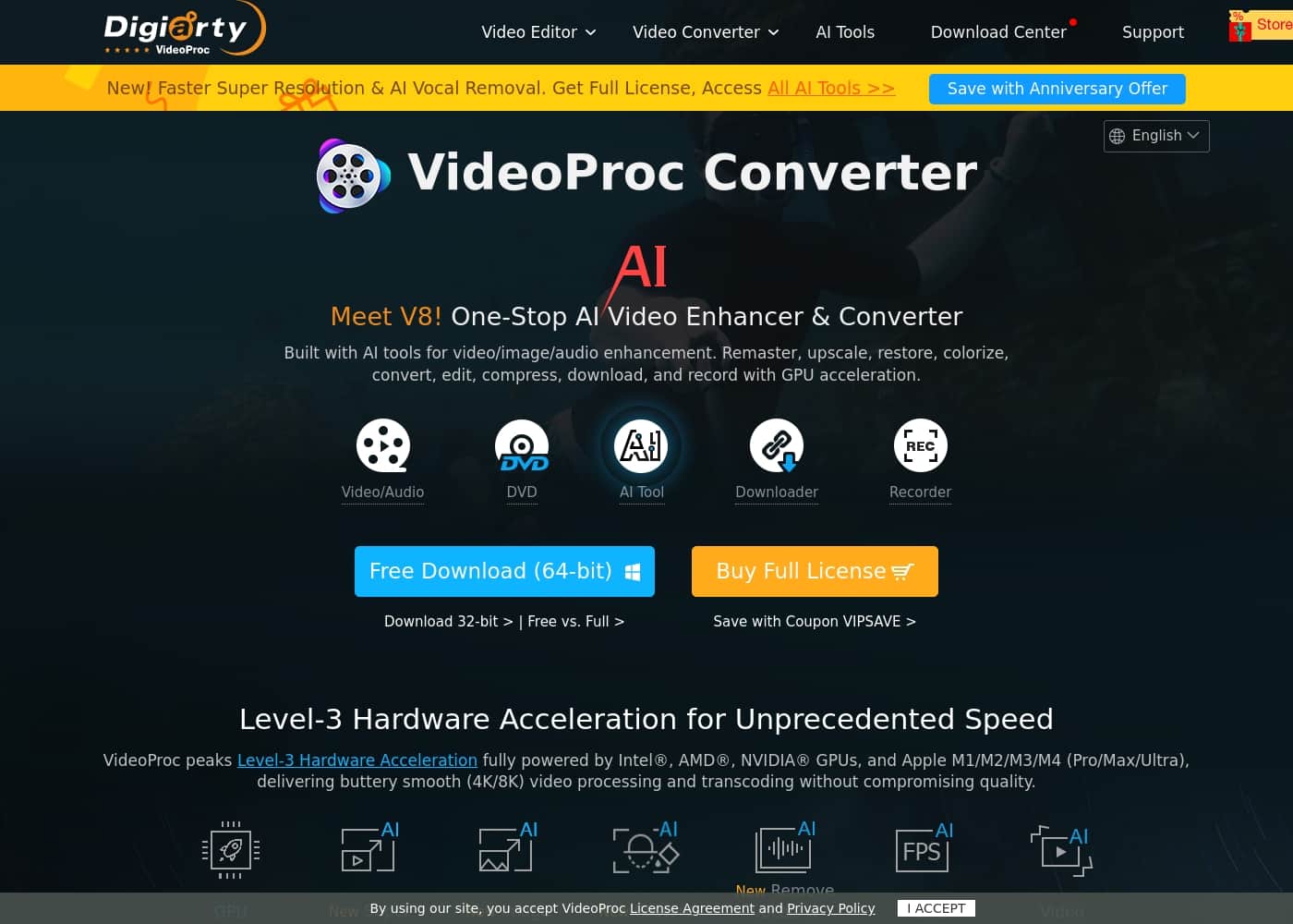 ภาพหน้าจอหลักของ VideoProc